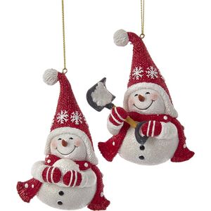 Kurt S. Adler Kerstornament - Winter Sneeuwpoppen - set van 2 - rood wit - 10cm