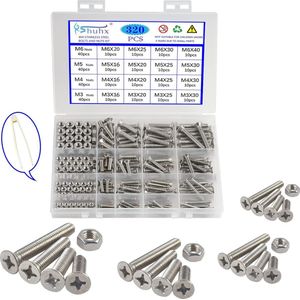 320 STKS M3 M4 M5 M6 Cross Verzonken 304 Roestvrij Staal Machineschroeven Bouten en Moeren Platte Kop Phillips Schroef Bevestiging Reparatie Tools Assortiment Kit voor Babybed Hoofdeinden Stoelen Meubels