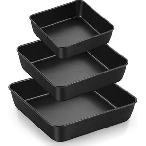 Roestvrijstalen ovenschaal, set van 3, vierkante taartvorm met zwarte antiaanbaklaag, rechthoekig, bakplaat, bakvorm 15, 20 en 25 cm, gezond en gemakkelijk te reinigen