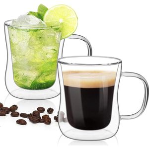 dubbelwandige latte macchiato glazen 2x350ml, set van 2 koffiekopjes van borosilicaatglas, koffieglas, theeglazen met handvat voor cappuccino, latte, thee, iced Americano, melk, sap, bier