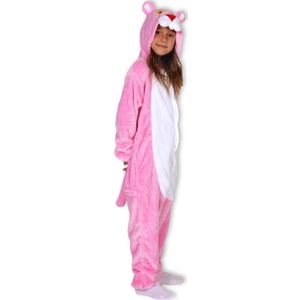 BoefieBoef Kinder Onesie Pink Panter – Warme Dieren Pyjama 5-9 Jaar – Fluffy Verkleedpak & Fleece Huispak – Jongens & Meisjes – Zwemles Pyjama – Carnaval, Halloween & Sinterklaas Cadeau – Jumpsuit met Capuchon – 115-130 cm - Roze