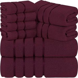 Bordeauxrode Handdoekenset 8 - Stukje, Viscose Streep Handdoeken - Ring Gesponnen Katoen - Sterk absorberende Handdoeken (Pakket van 8)