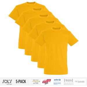 5 Pack Sol's Jongens/Meisjes T-Shirt 100% biologisch katoen Ronde hals Geel Maat 118/128 (7/8 Jaar)