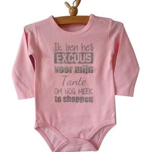 Baby Romper roze  meisje met tekst | Ik ben het excuus voor mijn tante om nog meer te shoppen | lange mouw | roze | maat 50/56