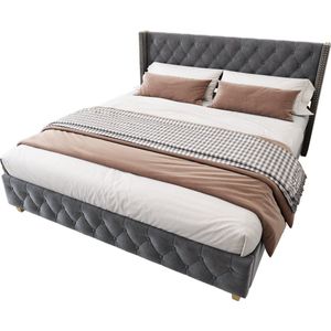 Merax Queensize Tweepersoonsbed met Knopen Decoratie - Luxe Velvet Gestoffeerd Bed met Houten Poten - Grijs