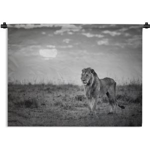 Wandkleed Leeuw in zwart wit - Leeuw met zondsondergang Wandkleed katoen 90x67 cm - Wandtapijt met foto
