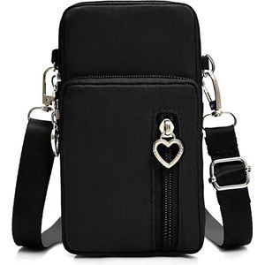 Telefoontasje voor dames - Zwarte schoudertas met verstelbare schouderband - Tas voor dames met vakken - Hartvormige ritssluiting