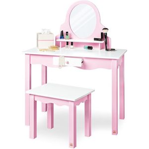 Kinderkaptafel 'Jasmin' Set - Kids Vanity - Roze & Wit - Interactief Spelen - Tafel 70x40x97cm, Kruk 37x28x33cm