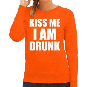 Fun sweater - kiss me I am drunk - oranje - dames - Feest outfit / kleding / trui / Koningsdag/ Nederland/ EK/ WK XS