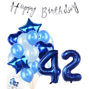 Snoes Ballonnen 42 Jaar Feestpakket – Versiering – Verjaardag Set Mason Blauw Cijferballon 42 Jaar - Heliumballon