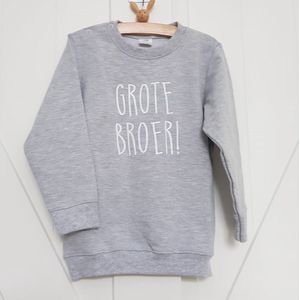 Sweater trui shirt voor kind - grote broer grijs Maat 104 - Big brother bro - Familie uitbreiding - Zwangerschap aankondiging hoera stoer ik word bekendmaking baby