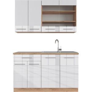 Vicco Fame-Line Eenpersoonskeuken – 140 cm , WB Eik Wit hoogglans/goud power eiken , WB Eik