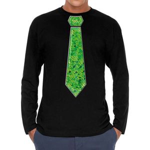 Bellatio Decorations Verkleed shirt heren - stropdas paillet groen - zwart - carnaval - longsleeve M