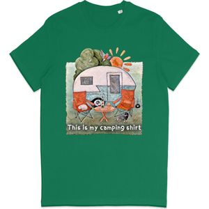 Heren en Dames T Shirt - Camping Kampeer Tafereel - Groen XL