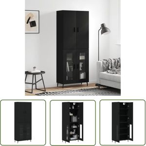 The Living Store Hoge kast 69,5x34x180 cm bewerkt hout zwart - Hoge Kast - Kast - Houten Kast - Vitrinekast - Opslagkast