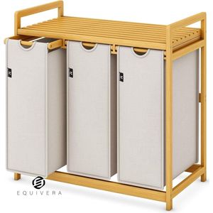 Equivera Wasmand met bamboeframe 150 l 3 vakken boogdesign wassorteerder lichtgrijs 06-16 - extra groot formaat duurzaamheid wasmand 3 vakken