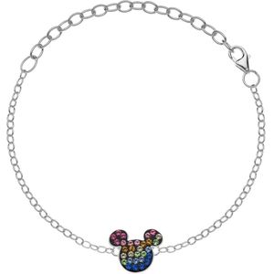 Disney 4-DIS004 Zilveren Armband Mickey Mouse - Mickey Armbandje - Disney Sieraden - 14+3cm Lengte - Ankerschakel - 1,9mm Breed - Mickey 10x12mm - Kristal - Multikleuren - 925 - Zilver