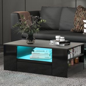 Moderne hoogglanzende salontafel met 16 kleuren LED-verlichting-rechthoekige bank Bijzettafel met 2 lades en 2 planken voor woonkamer 2 lagen - 95 x 53 x 37 cm zwart