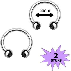 Fako Bijoux® - Circular Barbell Piercing - Hoefijzer Kristal Duo - 8mm - Zwart - 2 Stuks