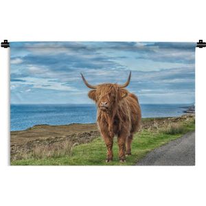 Wandkleed Schotse hooglander - Schotse hooglander met de kustlijn op de achtergrond Wandkleed katoen 150x100 cm - Wandtapijt met foto