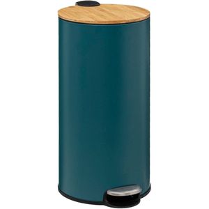 5Five prullenbak/pedaalemmer Bamboe - petrol blauw - metaal - 30 liter - 38 x 29 x 60 cm - keuken