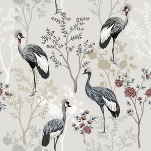Grijs Muurbehang met Bloemen en Bladeren - Zelfklevend - 44,5 cm x 300 cm