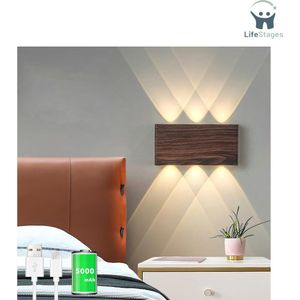 LifeStages - Wandlamp Oplaadbaar - Draadloze Wandlamp Met Aanraakschakelaar LED Magnetisch - Batterij 5000 MAH - Draadloze Wandlamp - 3 Helderheidsniveaus - Ideaal Voor Zolder - Hal - Slaapkamer - Walnoot