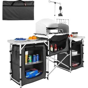 Vevor Campingkeuken - Buitenkeuken - Inklapbaar - 174x110x46cm - Campingkast - Incl. Opbergtas - Buitenkooktafel met opbergtas - Aluminium kookstation met 3 kasten - Afneembaar windscherm - Zwart