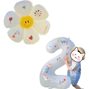 LoHa party®Daisy Folie ballonnen Set-XXL Cijfer Folie Ballon 2-Instagram-Tik Tok-Happy Birthday Sticker -Bloem ballon-Wit-Helium Ballonnen-Bruiloft-Verjardaag-Baby shower-Feestpakket-Viesering-Decoratie-4Stuks