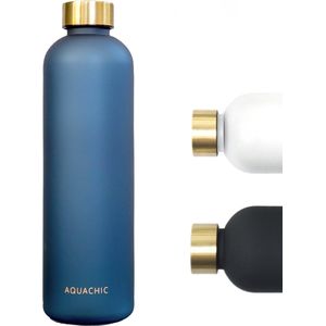 Aquachic - 1L Waterfles met 2 doppen en tijdsmarkeringen - Lekvrij & licht - Duurzaam - Nederlands merk - Drink fles / Bidon-  Blauw 1 liter