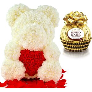 Rozen Beer - Rozen Teddybeer - Rozenbeer - Valentijnsdag- Valentijn- Knuffelbeer - 40cm - Inclusief Luxe Giftbox - Ferrero Rocher Chocolade - Wit