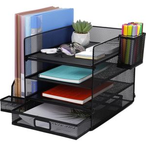 Mesh design bureauplank voor A4-documenten, 3 niveaus documentplanken, 1 organizer voor kleine onderdelen en 1 pennenhouder, bureau mesh opbergvakken organizer met documentopslag voor kantoorbenodigdheden