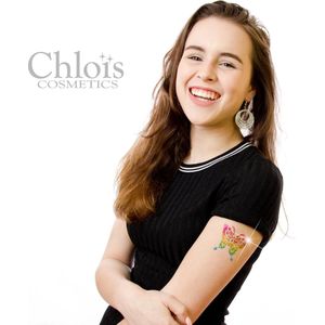 Chloïs Tryout Glittertattooset Girl - Chloïs Cosmetics - Glitter Tattoo - 6 sjablonen - 9 Tattoos - 7 ml Huidlijm - 3 x 5ml Cosmetische Glitter geschikt voor Glitter Tattoo, Schmink, Nailart, Make-up - Penselen set - Nep tattoo - Kinderen - Meisjes