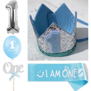 10-delige cakesmash set blauw met zilver en wit - eerste - 1 - verjaardag - hoed - cakesmash - sjerp - ballon - kinderfeest