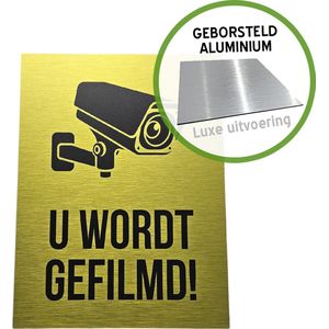 Pictogram/ luxe bord | ""U wordt gefilmd!"" | 19 x 25 cm | Blinkend | Metaal | Geel | Geborsteld Dibond | 1 stuk