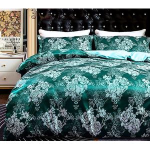 Satijnen beddengoed, 135 x 200 cm, groen, jacquard, dekbedovertrek, 2-delig, barok bloemen, vintage patroon, microvezel, , luxe omkeerbaar beddengoed met ritssluiting en