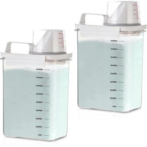 Luchtdichte wasmiddeldispenser met maatbeker en 1800 ml waspoeder opbergdoos - transparante multifunctionele wasmiddelbox - opbergemmer voor wasmiddel - 2 stuks