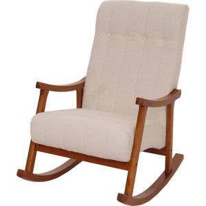 Schommelstoel MCW-K10, relaxfauteuil, hout MVG stof/textiel bouclé (450 g/m²) ~ beige, frame in walnootlook