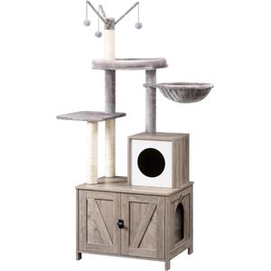 Krabpaal met kattenbakkast - 2-in-1 kattenboom - 150 cm - verborgen kattentoiletmeubel - kast voor kattentoilet - met sisalstammen - afneembare pluche balstang - greige EBG15MZ03