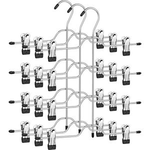 broekhanger ruimtebesparend, meerdere rokhangers met clips, set van 3, metalen kleerhanger, voor 4 broeken elk, met 8 verstelbare clips, anti-slip, voor broeken, jeans, 32 cm, zilver CRI042BK