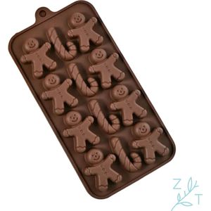 ZijTak - Silicone Chocoladevorm - 12 figuren - Kerst - Gingerbread man - Zuurstok - Bruin
