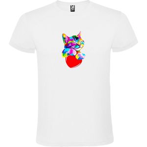 Wit T shirt met print van 'een mooie kleurrijke kat /poes' print Blauw / Groen size XL