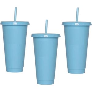 Drinkbekers - Set van 3 bekers - To go drinkfles - Starbucks drinkbeker look a like -XXL Drinkfles met deksel en rietje - 710ML - Blauw