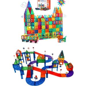 Gemmicc -Magnetisch speelgoed - 221 stuks - Racebaan - Magnetische tegels - 100 stuks - Trein - Magnetic Tiles - Magnetic toys - Open ended - Bouw je Magna wereld - Magneet speelgoed - Combineer met Duplo