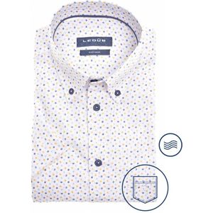 Ledub modern fit overhemd - korte mouw - wit met lichtgeel en blauw dessin - Strijkvriendelijk - Boordmaat: 43