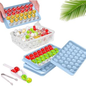 IJsblokjesbakken voor de vriezer - 2x ronde ijsvormpjes - kubus ballenmaker - met vuilnislepel Tong - 66 stuks pellet ijsbakken - Fancy Icecubetrayes (blauw) - Ninyoon Ice Pop Mold