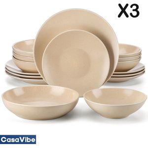 CasaVibe Luxe Serviesset – 48 delig – 12 persoons – Porselein - Bordenset – Dinner platen – Dessertborden - Kommen - Soepborden - Set - Beige