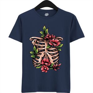 Blooming Bones Ribcage - Halloween Ribbenkast Dames / Heren Unisex T-shirt - Grappig Kostuum Shirt Idee Volwassenen - T-Shirt - Unisex - Navy Blauw - Maat XXL