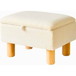 Kleine Voetenbank Met Opslag – Faux Teddybont Voetkruk Ottomaanse Met Houten Poten – Voor Woonkamer, Slaapkamer, Entree en Kantoor – Wit YD-JD136W