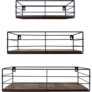Wandrek, set van 3, zwevende plank met rustieke houten plank en zwart metaal, voor keuken, badkamer, woonkamer en kantoor